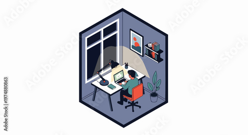 Isometric Illustration of a Man Working Late at Night in a Cozy Home Office with Laptop and Desk Lamp
