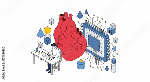 Isometric Illustration of Artificial Intelligence in Cardiology and Medical Technology: A Human Heart Integrated with a Computer Chip