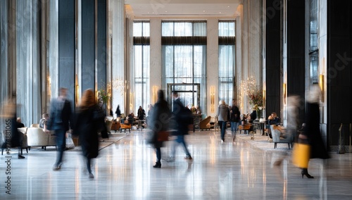 Blurry people walk through a grand, modern hotel lobby