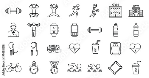 Diverse collection of line art icons representing fitness city life and everyday objects