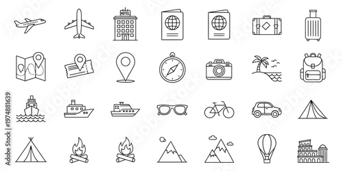 Travel and tourism icons set a collection of black and white line art representations