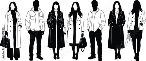 Stylish, diverse, people, wearing, winter, coats, fashion, silhouettes, urban, clothing, collection, men, women, trench, coats, modern, outfit, minimal, illustration, lineup