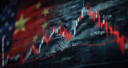 Blurry Chinese flag superimposed on a falling stock market graph
