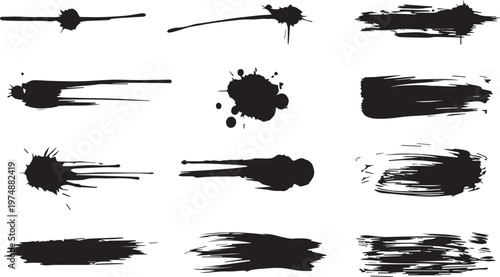 Black ink paint brush strokes, splatters, and grunge textures are set isolated on a white background.