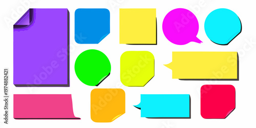 Collection of brightly colored variously shaped sticky notes on white