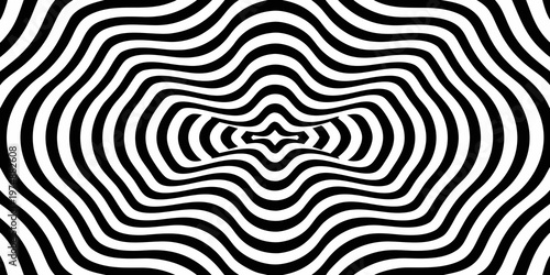 Hypnotic black and white optical illusion with concentric wavy lines