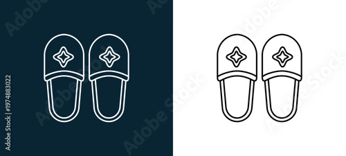 Two-tone slipper line icon pair in black and white, editable stroke vector illustration for web, mobile apps, UI design, branding, and print from Spa