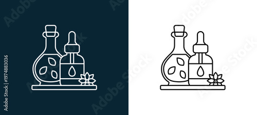 Two-tone essential oil line icon pair in black and white, editable stroke vector illustration for web, mobile apps, UI design, branding, and print from Spa