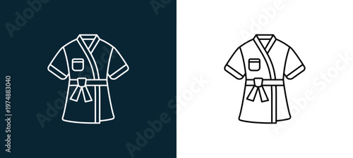 Two-tone bathrobe line icon pair in black and white, editable stroke vector illustration for web, mobile apps, UI design, branding, and print from Spa