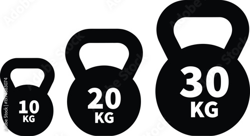 Set of three black kettlebells with weights of 10kg, 20kg, and 30kg displayed side by side