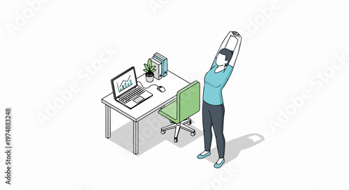 Isometric Vector Illustration of a Woman Stretching at Her Office Desk; Workplace Wellness and Healthy Habits Concept