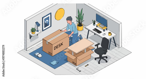 Isometric Illustration of a Woman Unboxing and Assembling New Flat-Pack Desk in a Modern Home Office, DIY Furniture Setup Concept