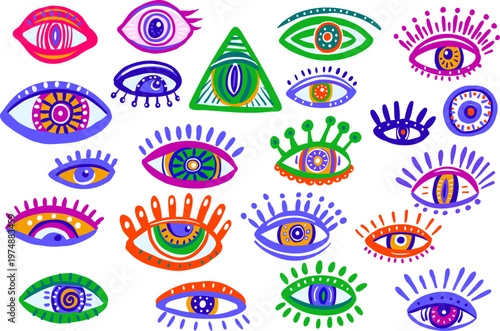 Abstract Eye Vector Set Hand Drawn Colorful Decorative Elements