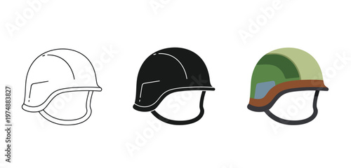 Military helmets in different styles, including line art, solid black silhouette, and colorful flat design