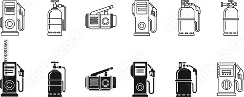 Black and white line art collection of various fire extinguishers