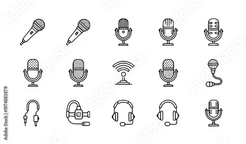 Simple Microphone Line Icon Set Minimal Audio Recording Podcast Mic Vector Collection Editable Stroke