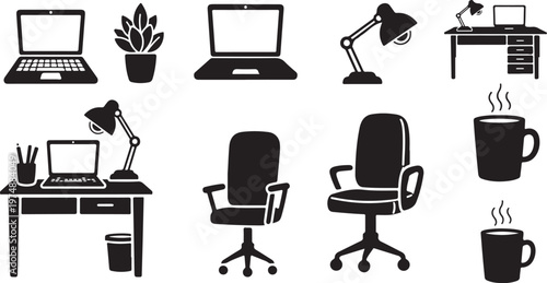 Office Workspace Essentials Icons Set Vector Graphics