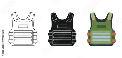 Bulletproof vest icon Vector Set in Three Styles — Line Art, Silhouette and Color Versio tactical body armor vector illustration, military protective gear, police equipment, flat design style
