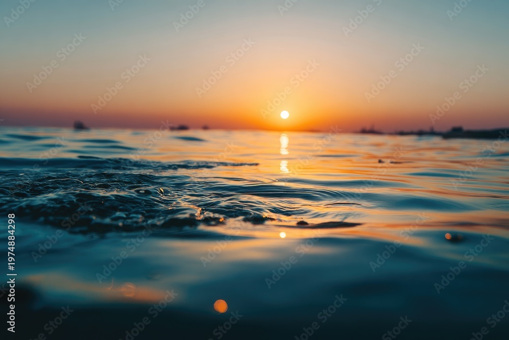Naklejka premium Golden sun dips below horizon, casting orange glow on rippling water