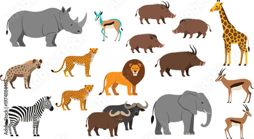 African Safari Animals Vector Illustration Set Featuring Elephant, Lion, Giraffe, Zebra, Rhino, Hyena, Warthog, Buffalo, Antelope, and Leopard in Flat Cartoon Style.