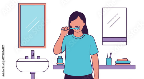 Woman Brushing Teeth in Bathroom.