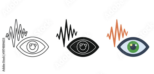 Eye with sound wave Icon Vector Set in Three Styles — Line Art, Silhouette and Color Version, set, visual perception or audio visualization concept, vector illustration
