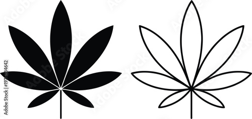 Contrasting visual styles of cannabis leaf illustrations in black and white