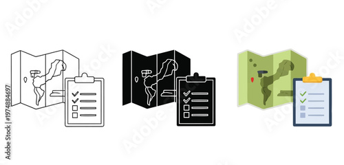 Map with checklist Icon Vector Set in Three Styles — Line Art, Silhouette and Color Version, navigation and planning concept, vector illustration of folded map and clipboard with tasks