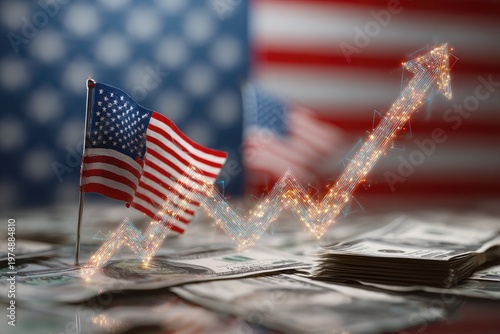 Upward trend chart over U.S. currency with flag