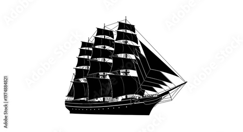 Vintage Sailing Ship Illustration Black White.