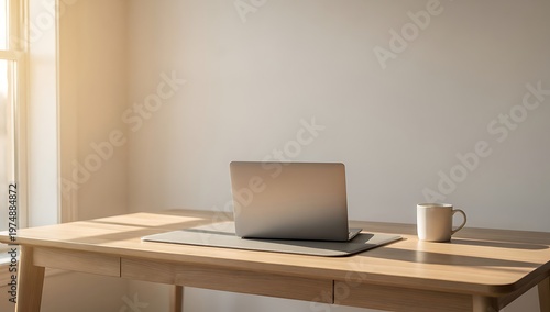 modern home office desk with laptop and coffee mug