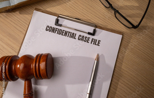 Confidential Case File on a Clipboard with a Gavel, Pen, and Glasses on a Wooden Desk
