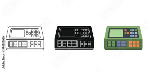 Cash register Icon Vector Set in Three Styles — Line Art, Silhouette and Color Version,, flat, line and silhouette style vector illustration of a point of sale terminal for retail or business