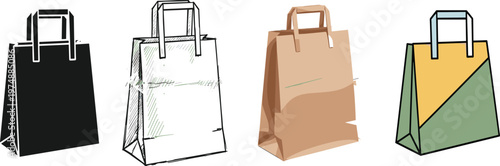 Paper shopping bag icon set featuring black silhouette, hand-drawn sketch, realistic brown kraft paper, and modern colorful geometric design illustrations