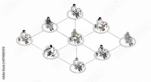 Isometric Network Illustration of Remote Professionals Working on Laptops, Global Team Collaboration and Digital Connectivity Concept
