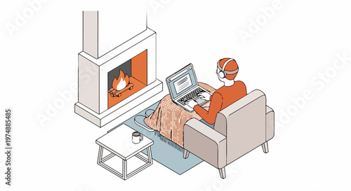 Remote worker sitting in armchair with laptop and blanket by fireplace, isometric vector illustration of cozy home workspace