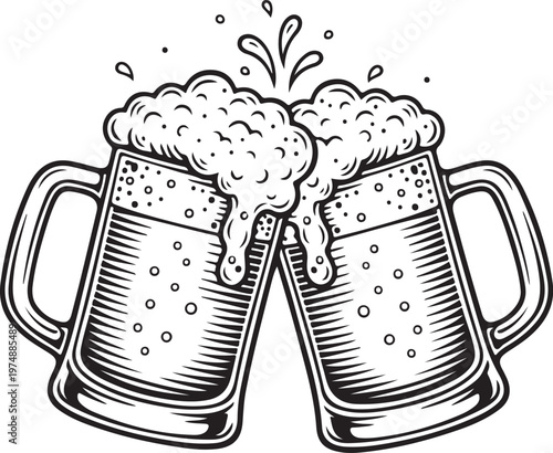 Two beer mugs clinking with splashing foam, color and black white illustration