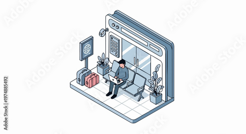 Digital nomad businessman working on laptop at airport terminal waiting area, isometric business travel and remote work vector illustration.