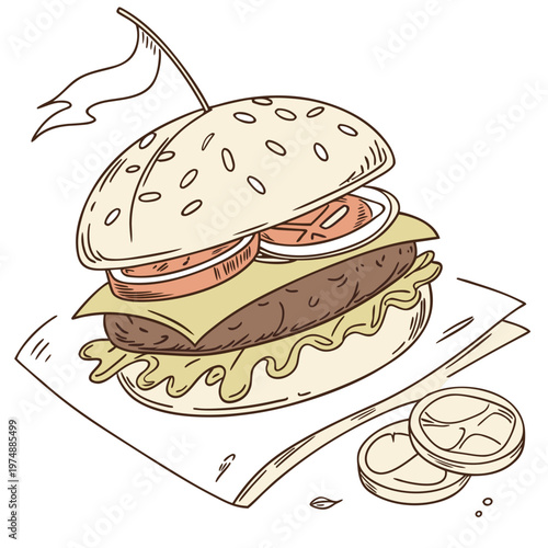 A colorful illustrative depiction showcases a classic cheeseburger with tomato lettuce and a sesame seed bun alongside french fries high quality professional