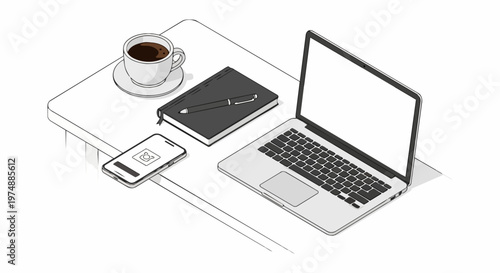 Minimalist Isometric Workspace Illustration with Laptop, Smartphone, Coffee, and Notebook. Simple Line Art Vector for Home Office, Freelance, and Productivity Concepts.