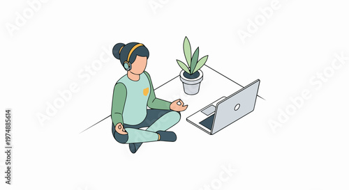 Woman Meditating at Laptop Desk Isometric Illustration - Remote Work Wellness, Mindfulness and Mental Health at Home Office Concept