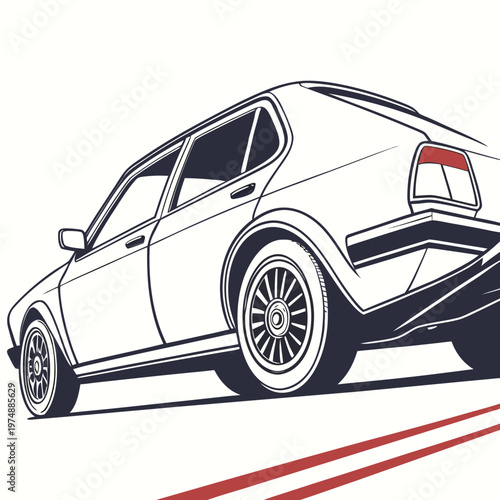 A stylized side view illustration depicts a classic hatchback automobile with prominent wheels and bold red accent lines below high quality professional