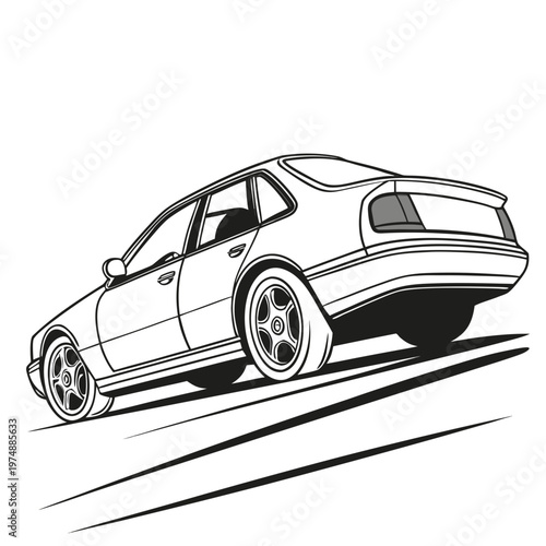 A striking black and white illustration depicts a classic sedan dynamically drifting showcasing speed and automotive design high quality professional detailed modern