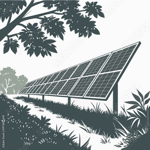 A graphical representation depicts a solar panel installation nestled within a natural landscape of trees and foliage high quality professional detailed modern
