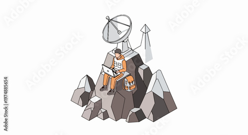 Remote Connectivity and Satellite Internet Technology Concept with Digital Nomad Working on Laptop Atop a Rocky Mountain Peak Isometric Illustration