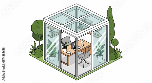 Modern Isometric Glass Office Pod in Nature - Sustainable Remote Workspace Design
