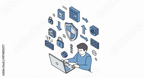 Cybersecurity and Data Protection Isometric Illustration: Man using Laptop with Shield, Padlock, and Firewall Icons for Digital Safety and IT Privacy Concepts