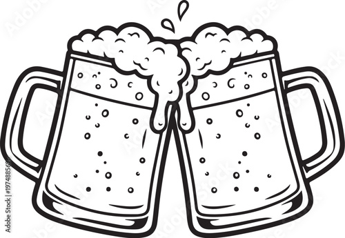 Two beer mugs clinking with splashing foam, color and black white illustration