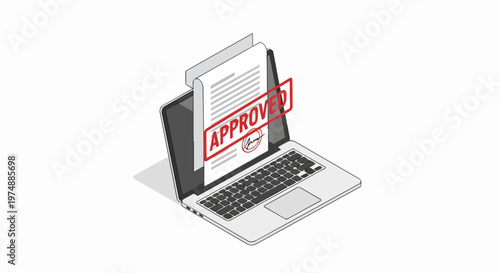 Isometric Laptop with Signed and Approved Document on Screen, Red Stamp and Digital Signature Illustration