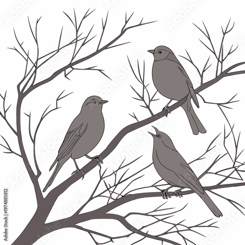A minimalist illustration depicts three gray birds perched on the bare branches of a tree creating a serene natural scene high quality